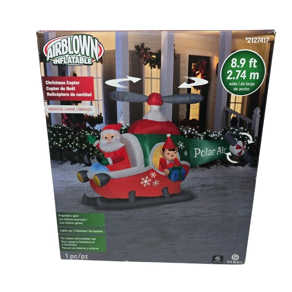 Gemmy Airblown Inflatable Christmas Copter Santa Elf Animated 8.9ft 2127417